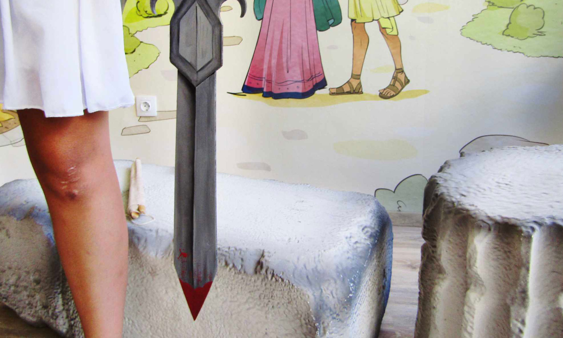 Murder mystery game prop sword at the Who Killed Callimachos interactive theatre venue in Athens