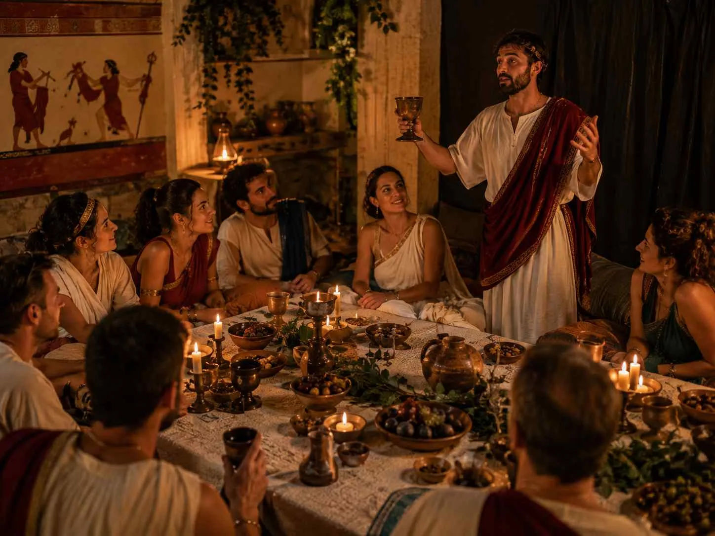 An actor in ancient Greek costume holding a chalice during an interactive Dinner-Theater Experience in Athens, with guests gathered around a candlelit banquet table.