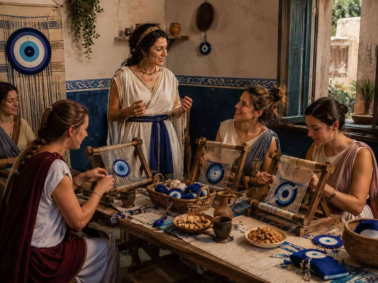 Women participating in a Weaving & Charm Workshop, working on small wooden looms with blue evil eye designs, representing what to expect at the experience.