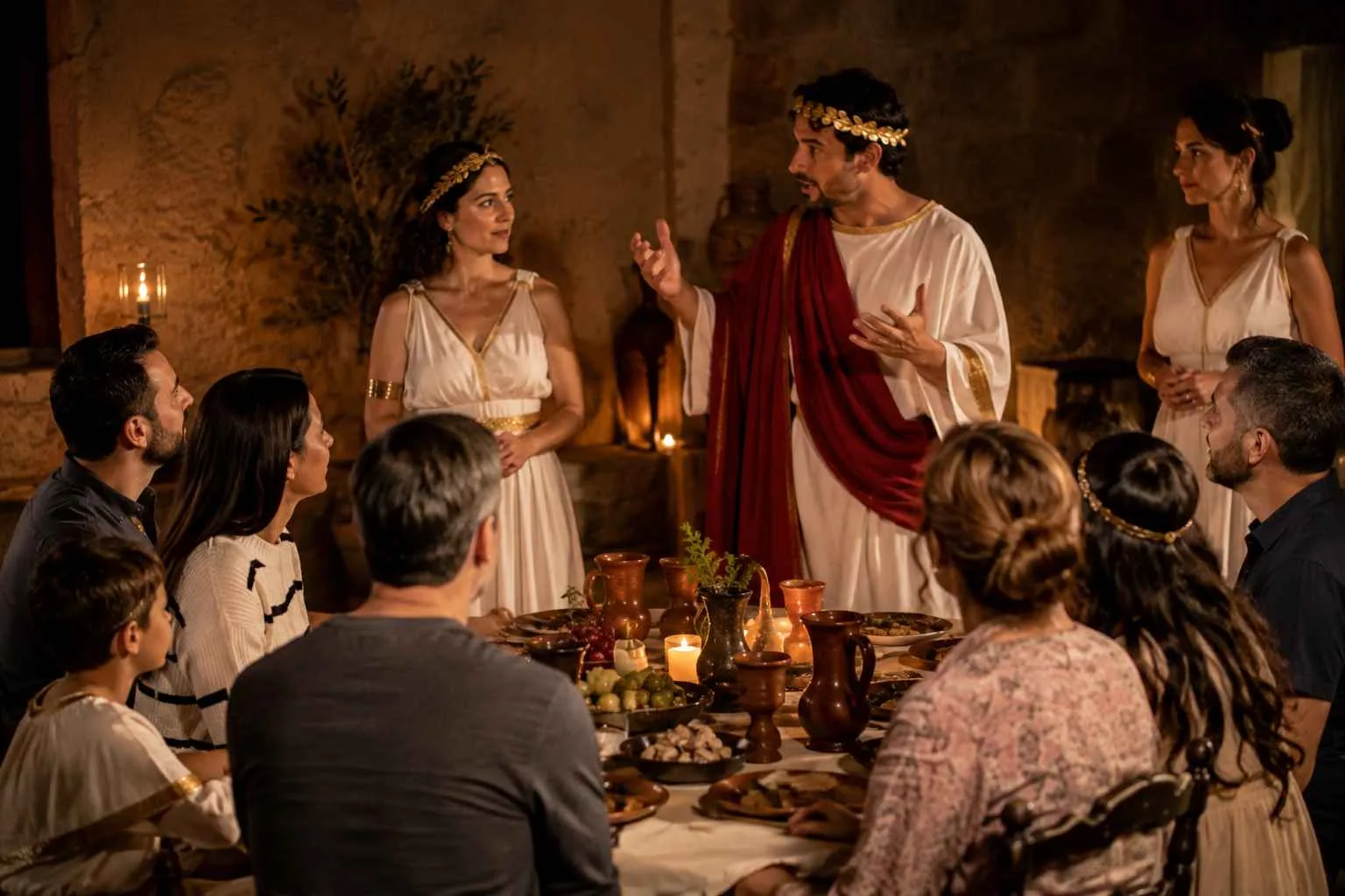 Choose the Right Group Tour at Athens Living Museum with guests enjoying an immersive ancient Greek theatrical experience around a shared dinner table.