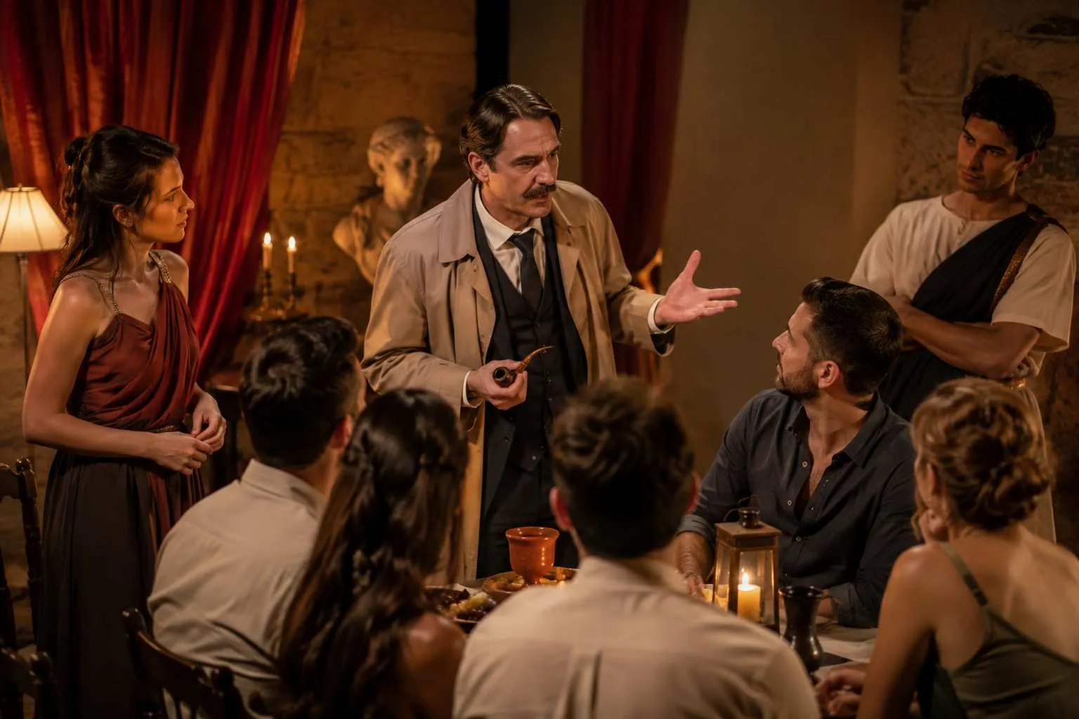 Detective Nikarchos questioning guests during an interactive mystery dinner in Athens.