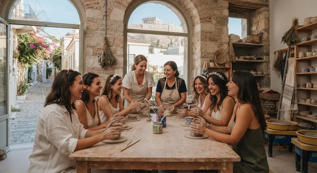 A group of smiling women and a local instructor gathered around a long wooden pottery table in a sunlit Athens studio, shaping clay with a view of the Acropolis through the arched windows.