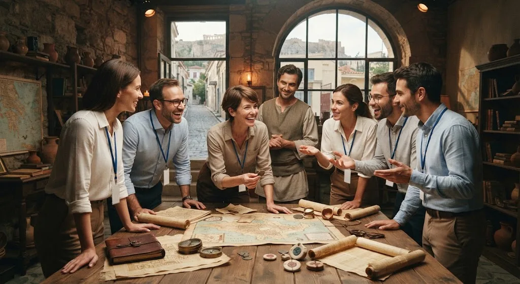 A corporate team gathered around a rustic wooden table in an Athens workshop, collaborating and laughing together over antique maps, scrolls, and game clues with a historic city view outside the window.