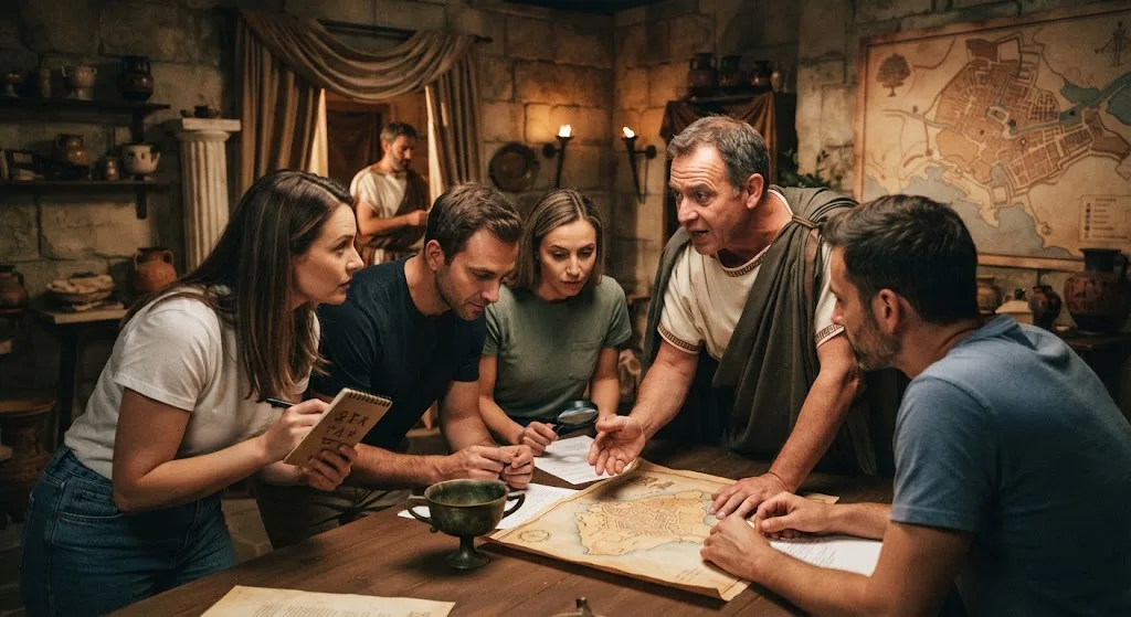 Group solving an interactive theatre mystery experience in Athens with historical costumes and clues