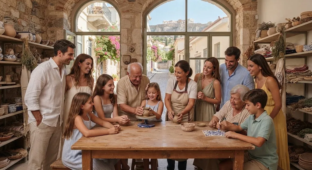 Multi-generational family enjoying pottery making activity together in Athens with Acropolis view